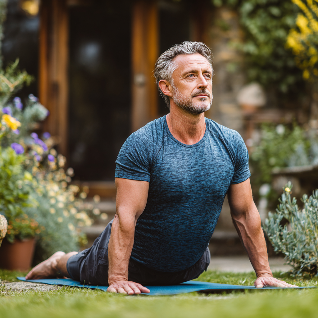 Peaceful middle-aged man in his early 50s practicing yoga poses outdoors in a tranquil garden setting, demonstrating strength and flexibility with mindful focus