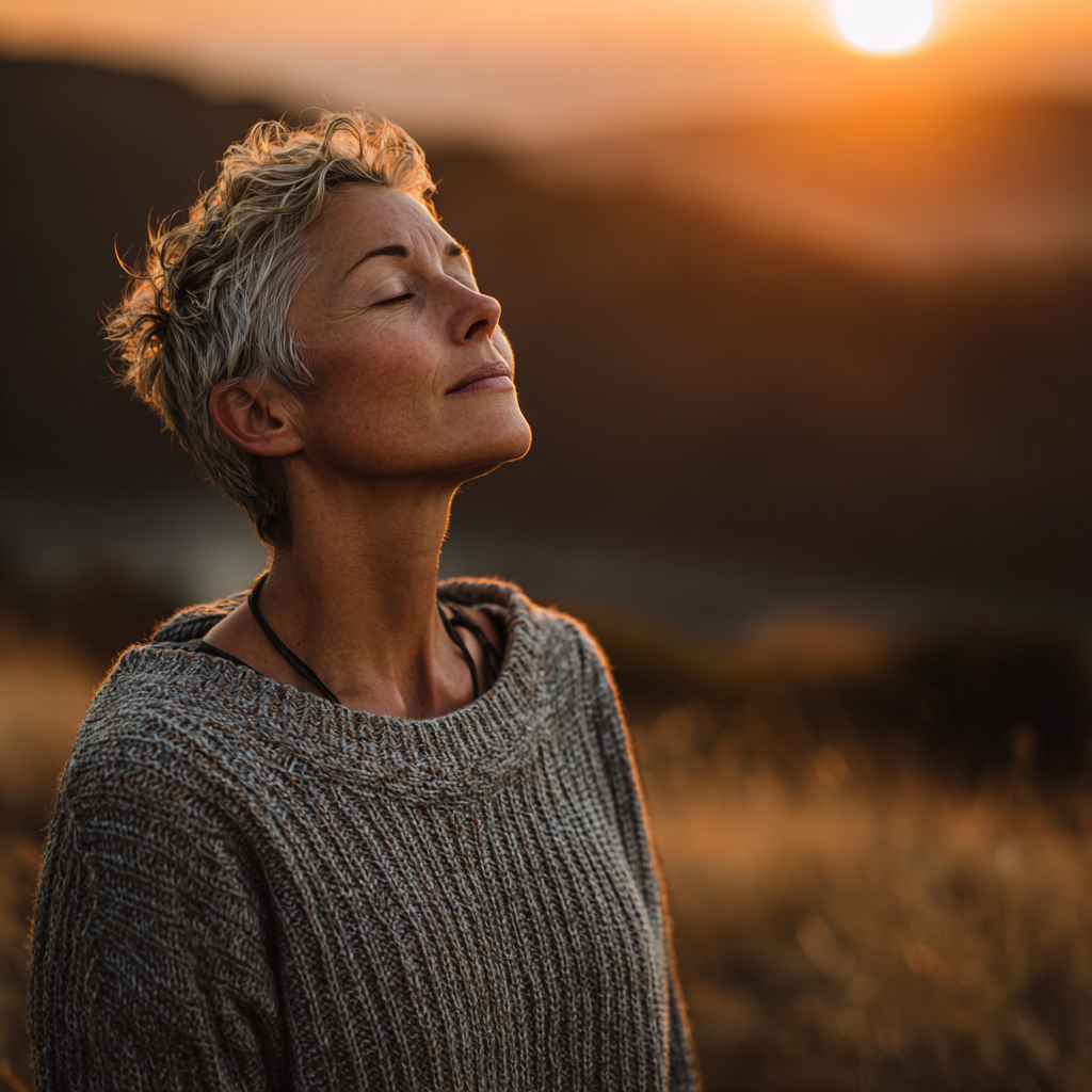 Serene woman in her late 40s practicing yoga meditation in a peaceful natural setting with soft morning light, demonstrating mindful breathing and inner balance